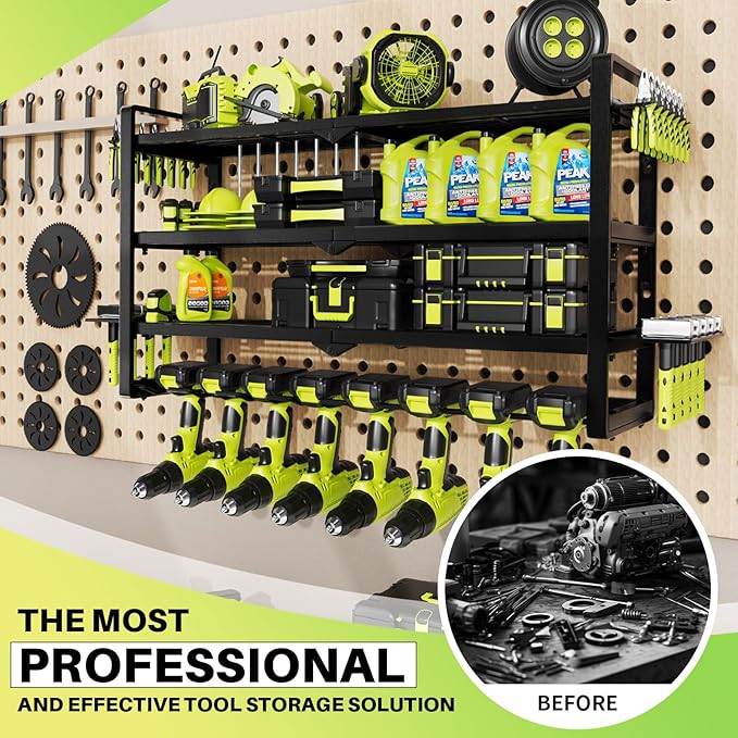 Hipidian Power Tool Organizer Wall Mount - Storage Rack with 4 Drill Holders for Drills Cordless Tools. Heavy Duty Iron Garag