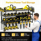 Heavy Duty 4-Tier Wall Mount Tool Rack, 8-Drill Holder & Charging Station, 400lb Load Shelf for Garage Workshop Organization
