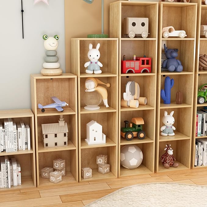 4 Cube Storage Organizer,Wooden 4-Tier Open Shelf Bookshelf,Versatile Storage Cubes for Living Room，Bedroom,Home Office (Oak,