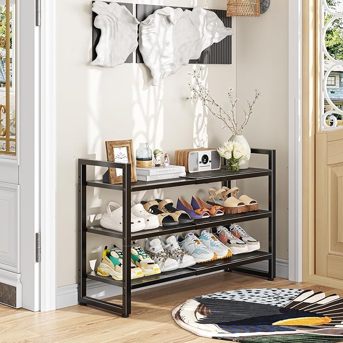 Simple Trending 3-Tier Expandable Shoe Rack, Adjustable & Stackable Shoe Organizer, Metal Mesh Free Standing Shoe Shelf Stora