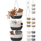 3 Tier Wall Mounted Woven Hanging Basket, Over the Door Hanging Basket with Hooks, Decorative Storage Hanging Closet Removabl