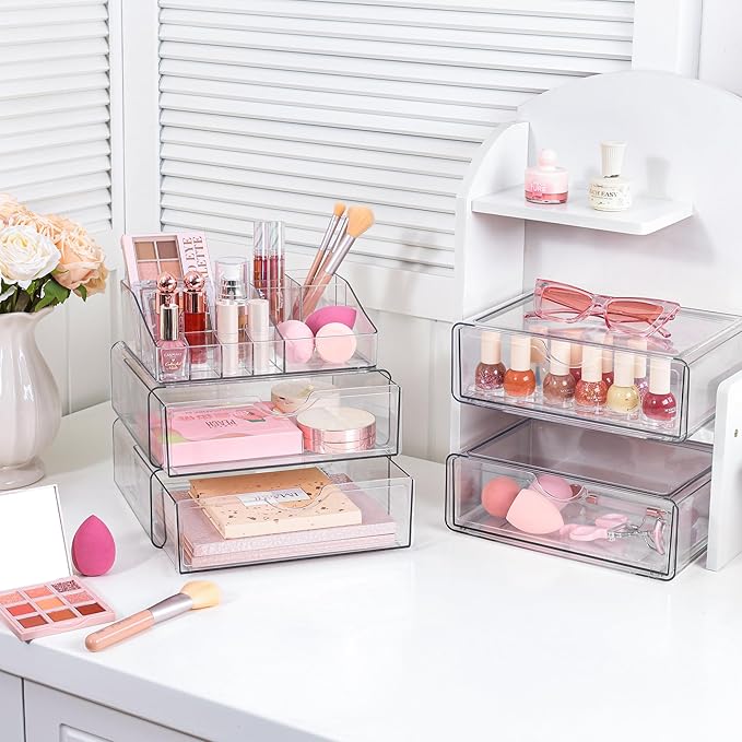Vtopmart 5 Tier Clear Makeup Organizer with Drawer, Cosmetic Storage for Dresser Countertop and Bathroom Vanity, Beauty Holde