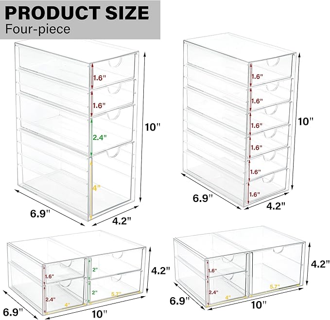 Prsildan Acrylic Drawer Organizer with 17 Drawers, Craft Office Desk Makeup Organizers Accessories, Set of 4 Clear Stackable 