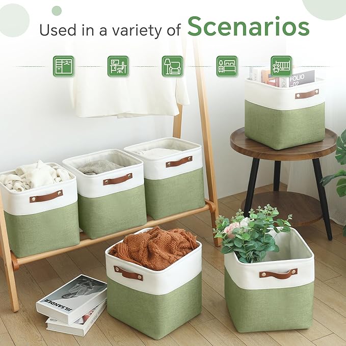 FinishingBo Cube Storage Baskets 6 Pack, 11x11 inch Cube Storage Bins with Leather Handles for Shelf Closet (White/ Green)