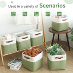 FinishingBo Cube Storage Baskets 6 Pack, 11x11 inch Cube Storage Bins with Leather Handles for Shelf Closet (White/ Green)