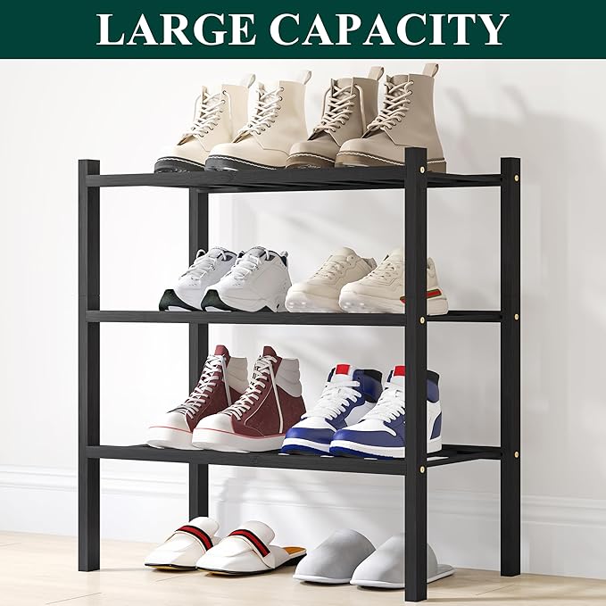 Smiry Shoe Rack, 3 Tier Small Bamboo Shoe Organizer, Stackable Free Standing Wooden Shoe Storage Shelf for Closet, Entryway, 