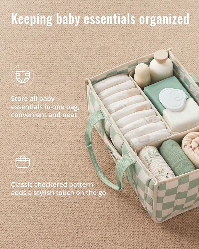 Blissful Diary Checkered Diaper Caddy Organizer, Stylish Nursery Storage Basket, Gift for Baby Shower, Newborn Essentials, Re