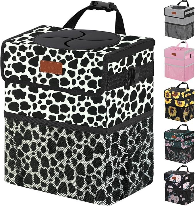 Car Trash Can for Car Cute,Bag Bin Hanging Waterproof Automotive Garbage Cans Leak Proof Vehicle Trash Can Cow Print