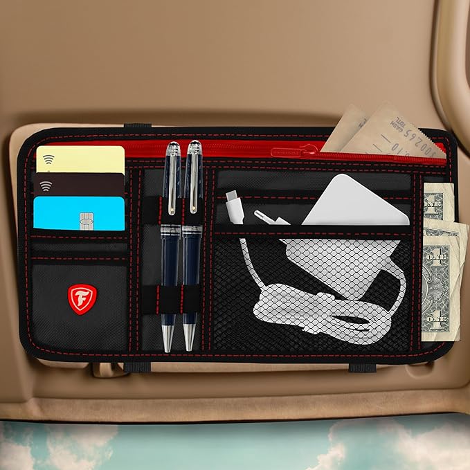 Firestone 2-Pack Car Sun Visor Organizer | 8 Compartment Car & Truck Visor Organizer with Holder & Slots for Sunglasses, License, Registration & More, Black Red