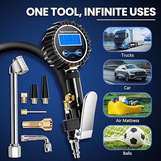 Digital Tire Gauge with Inflator & Deflator - LED Display & 0.1 PSI Resolution - Quick Release Valve & Heavy Duty Chuck - w/Adapter for Car, Truck, SUV, Motorcycle, RV, Balls