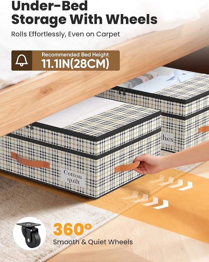 2-Pack Under Bed Storage with Wheels and 6 Vacuum Seal Bags, Adjustable Height 7.9"-10.2",Heavy Duty Capacity, Clear Lid Orga