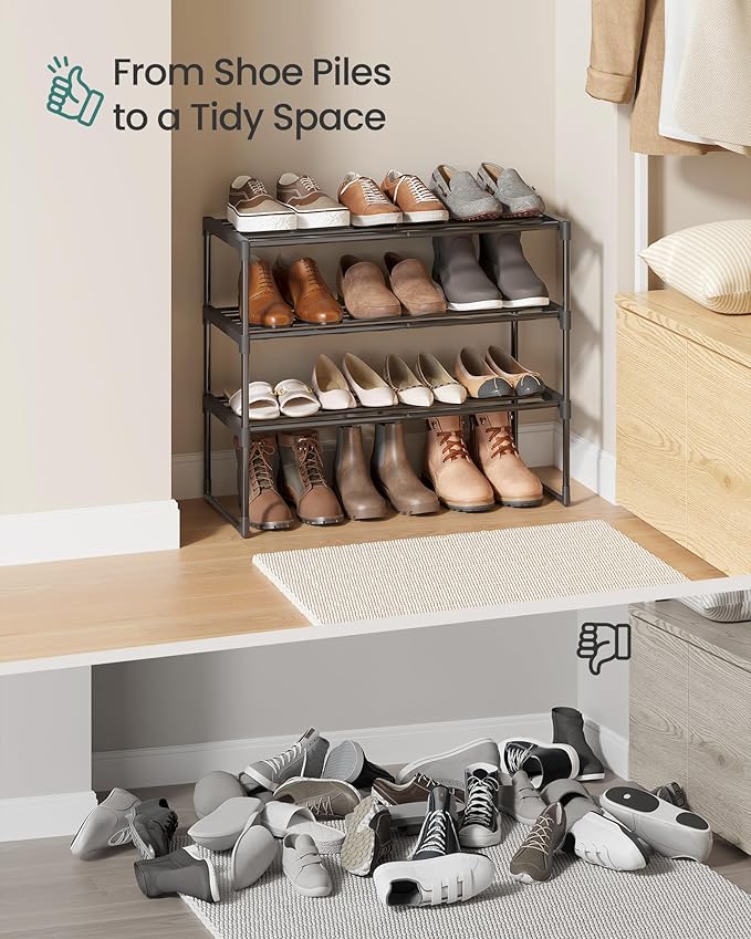 SONGMICS Shoe Rack, 3-Tier Shoe Organizer, Metal Storage Shelf, Upright or Upside Down, for 8-12 Pairs, Stackable, for Entryw