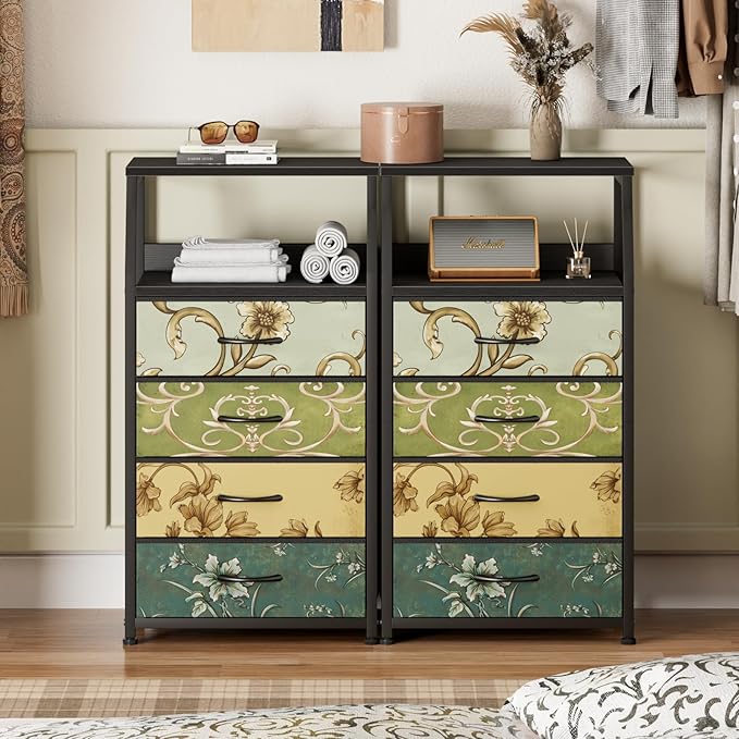 Furnulem Retro Dresser for Bedroom, Small Dresser for Closet, Vintage Nightstand with 4 Drawers, Fabric Storage Organizer Bed