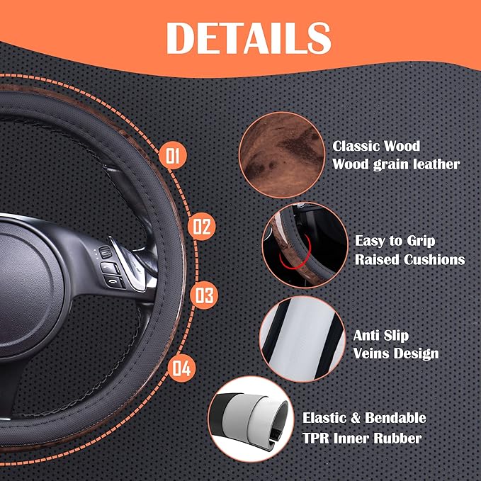 CAR PASS Wood Grain Microfiber Leather Steering Wheel Cover, Universal Fit for 14 1/2-15 inch Black Steering Wheel, Anti-Skip