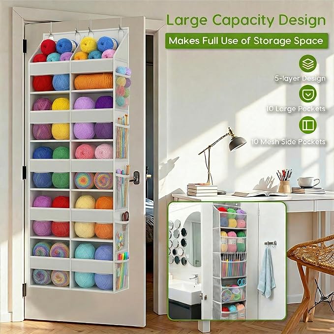 Unjumbly 5 Tiers Over The Door Hanging Yarn Storage Organizer, Large Capacity Behind the Door Storage, Hanging Door Organizer