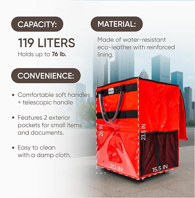KELN Rolling Tote Bag with Wheels – Heavy Duty Foldable Shopping Bag with Handle – Reusable Grocery Bag on Wheels