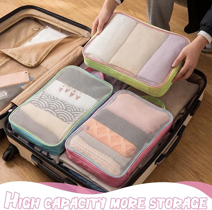 3 Pcs Mesh Packing Cube for Suitcases Travel Foldable Pastel Color Luggage Small Packing Organizers Space Saving Travel Acces