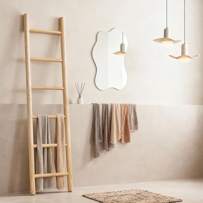 Wooden Blanket Ladder - 76in Natural & Motley Wood - Leaning Wall Decor for Bedroom, Bathroom, Living Room - Rustic Quilt Hol