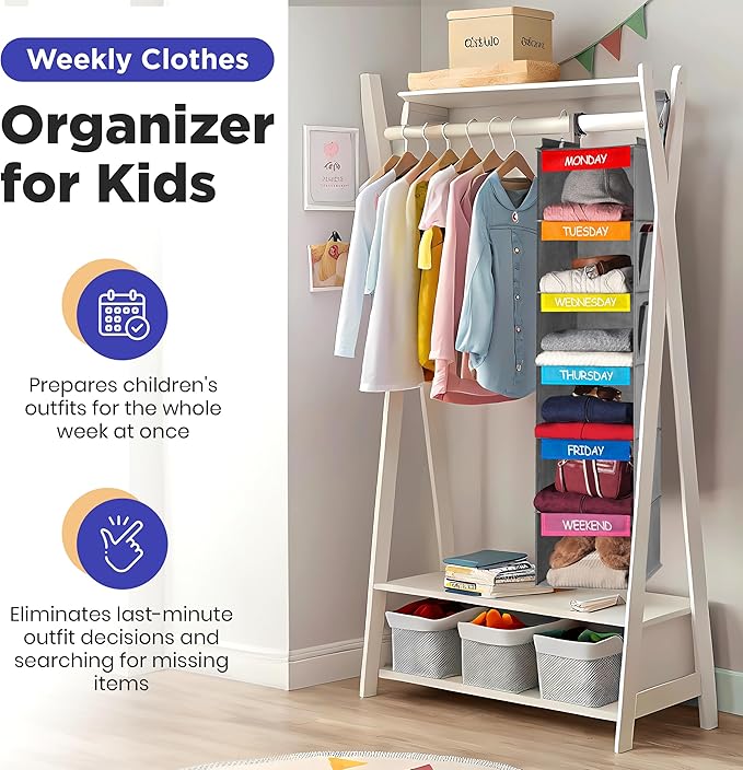 Handy Laundry Hanging Clothes Organizer for Kids - 6-Shelf Closet Daily Clothing Organization Labeled Shelves with Days of Th