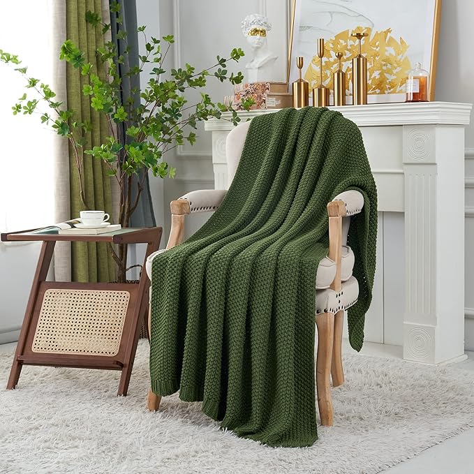 Chunky Cable Knit Throw Blanket Lightweight Olive Green 100% Organic Cotton Blanket for Sofa Couch Bed Baby Nursery, Rustic S