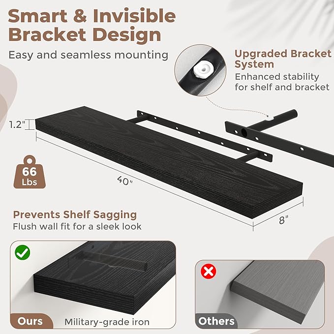 40 Inch Floating Shelves for Wall Set of 2, 8"D Wood Grain Bathroom Shelves with Invisible Brackets, Easy Install Engineered 