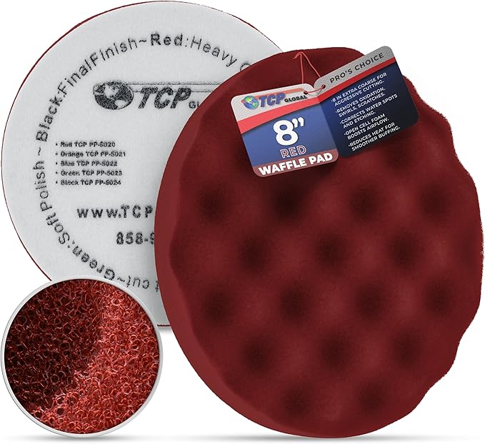 TCP Global 8" Red Waffle Foam Buffing Pad Hook and Loop Backing - Extra Coarse Buffing Pad for Polishing, Automotive, Marine, Truck, RV & Compound Cutting, Car Polishing Pads