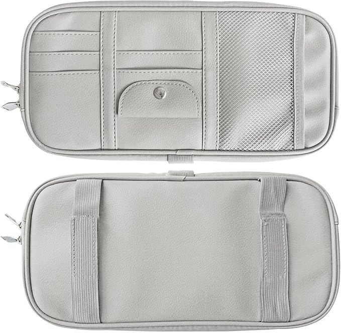 Car Sun Visor Organier Truck SUV Sun Visor Storage Pocket Pouch Holder, Multi-Pocket PU Leather with Zipper Net, for Cards Pens Sunglasses Document (Gray)