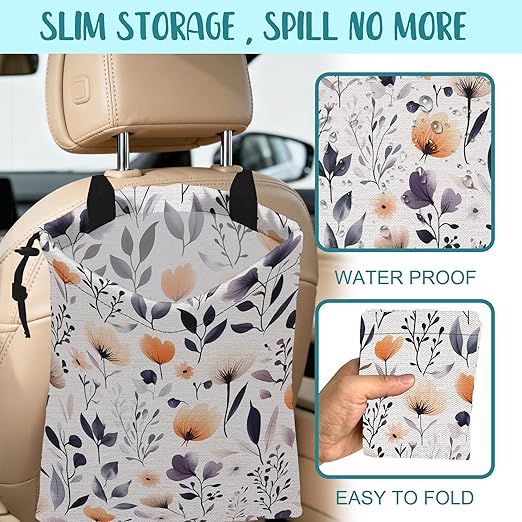 Car Garbage Bag Colorful Wildflowers and Leaves Hanging Canvas Car Trash Bag Drawstring Car Back Seat Organizer for Car Back Front Seat Console with Adjustable Buckle