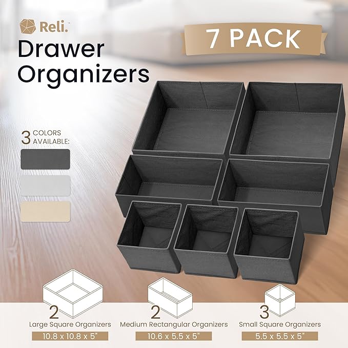 Reli. Drawer Organizer for Clothes (7 Pack) | Gray Dresser Organizer for Clothing | Foldable Fabric Drawer Bins for Bras, Nur