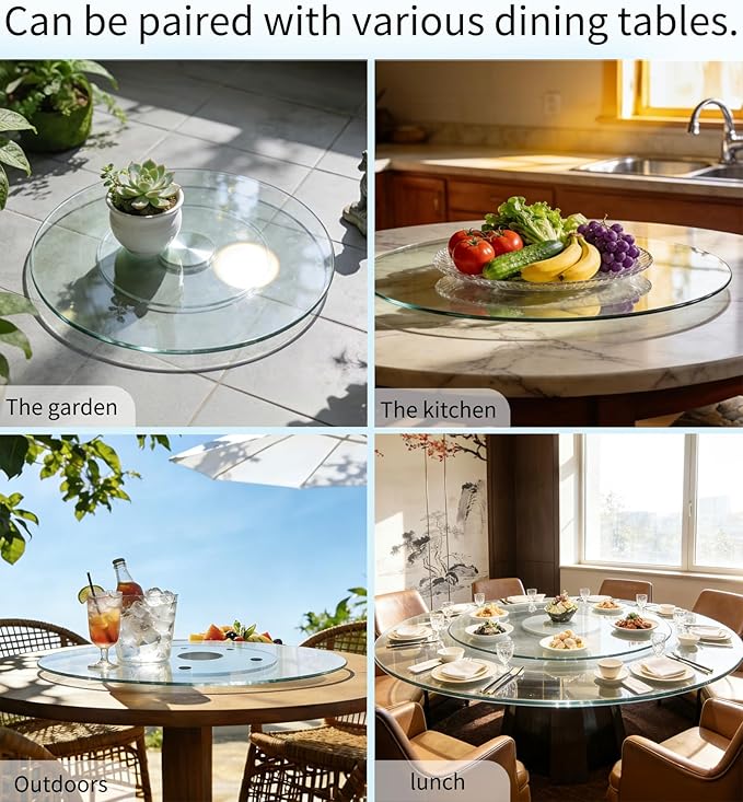 40" Glass Lazy Susan for Dining Table, Glass Turntable Table Centerpiece with 6 Rotating Wheels, 360° Smooth and Silent Spin 