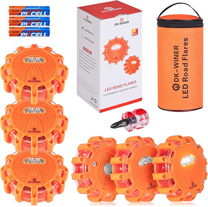 LED Road Flares Roadside Emergency car kit Emergency Road Flares Kit with Magnetic Base for Vehicles & Boat | 9 Flash Modes(w
