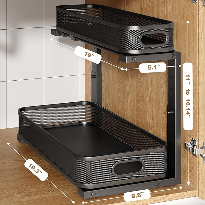2 Pack 19.3IN-Depth Under Sink Organizer with Smooth Cylindrical Rail,2-Tier Pull Out Multi-Purpose Cabinet Storage for Bathr