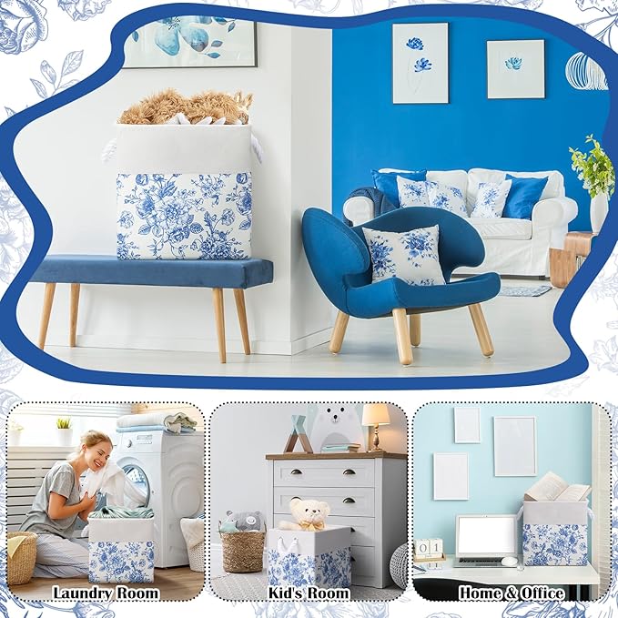 LemonRoad 6 Pcs Blue Floral Cube Storage Bins 11.22 Inch Square Storage Basket with Handle, Preppy Girls Organizer Basket, Co
