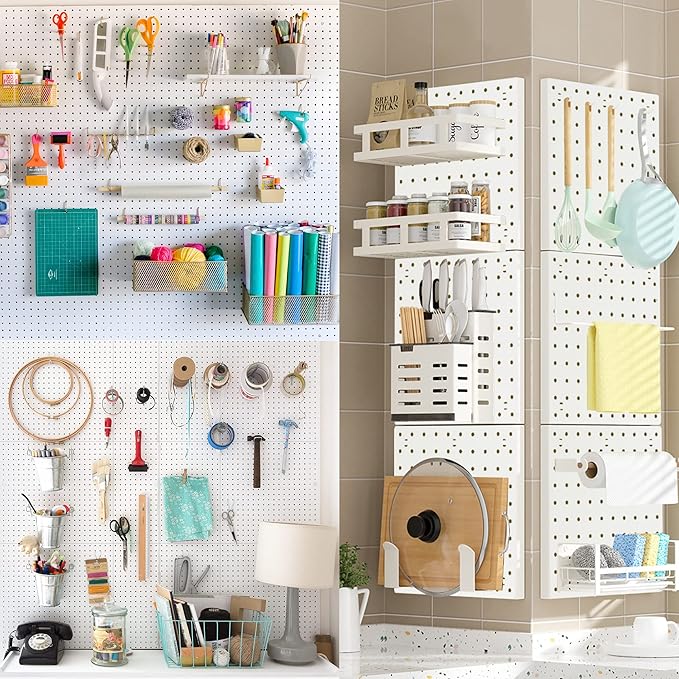8Pcs Pegboard Wall Organizer Panels, White Pegboard Wall Mount for Craft Room, Garage, Kitchen, Living Room, Bathroom, and St