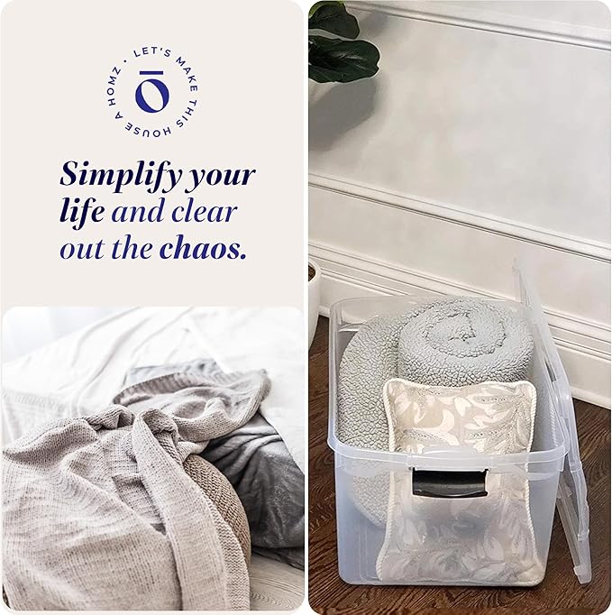 HOMZ 2-Pack Latching Lid, Large Clear Plastic Storage Bins with Lids, 66 Quart, Gray Latch - Stackable Container Boxes for Ho