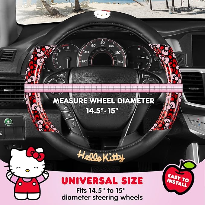 Hello Kitty Steering Wheel Cover, Official Sanrio Car Steering Wheel Cover with Universal Size 14.5-15.5, Cute Black for Women, Hello Kitty Car Accessories (Hello Kitty Bows)