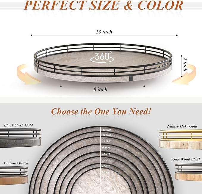13" Oak Bathroom Vanity Tray Turntable for Perfume Candle, Round Wooden Decorative Tray for Kitchen Sink Countertop Organizer