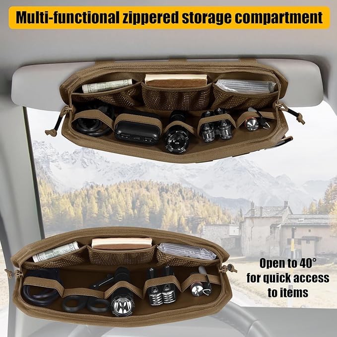 Car Sun Visor Organizer, Tactical Sunvisor Organizers Storage Covers for Trucks, Molle Panel with Pockets Zipper Visor Storage Pouch Accessories, Fits Most Vehicles, SUVs & Jeeps (CB)
