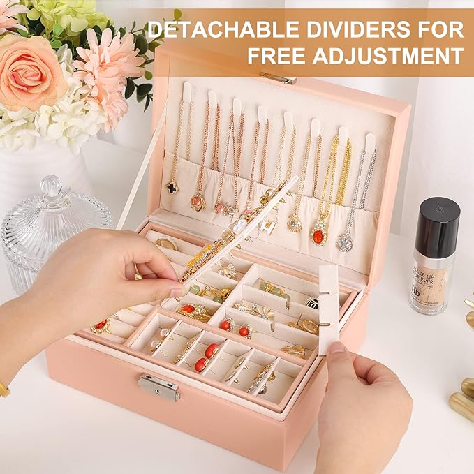 Jewelry Organizer Box, Leather Jewelry Box for Girls Gift Earring Organizer with Lock Double Layers Jewelry Case Removable Tr