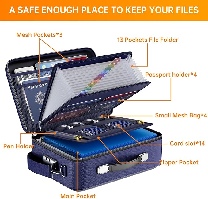 DocSafe Fireproof Document Box with Lock＆Shoulder Strap,Hard Case File Organizer with Accordion File Folder,Multi-Layer Porta
