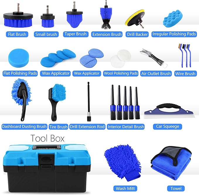 32Pcs Car Detailing Kit, Drill Brush Attachments with Detailing Brush Set and Tools Box, Blue Auto Cleaning Kit Interior for 