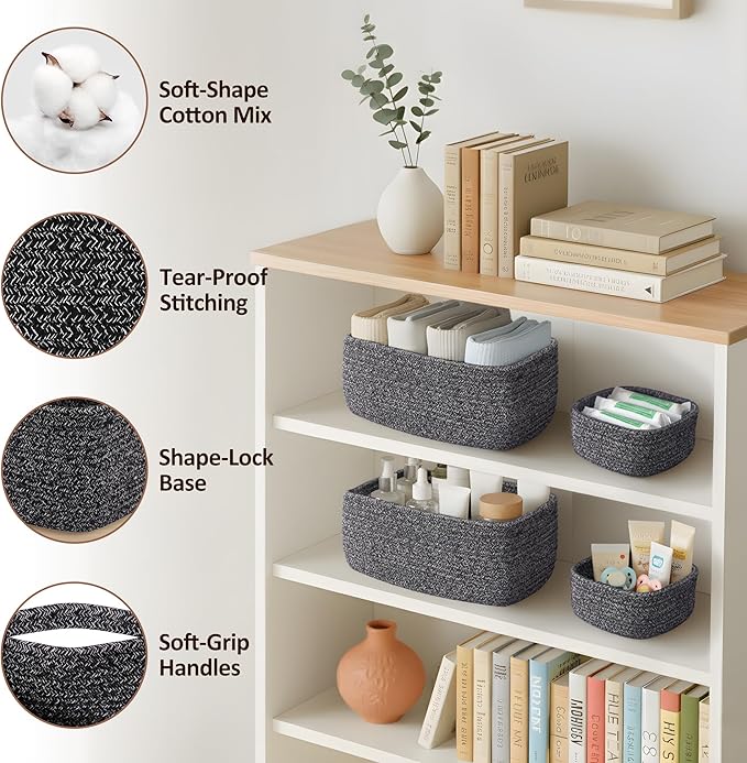 5-Pack Small Woven Rope Storage Baskets – 2 Sizes Organizer Bins for Closet, Shelf, Bookshelf, Nursery, Changing Table, Fabri