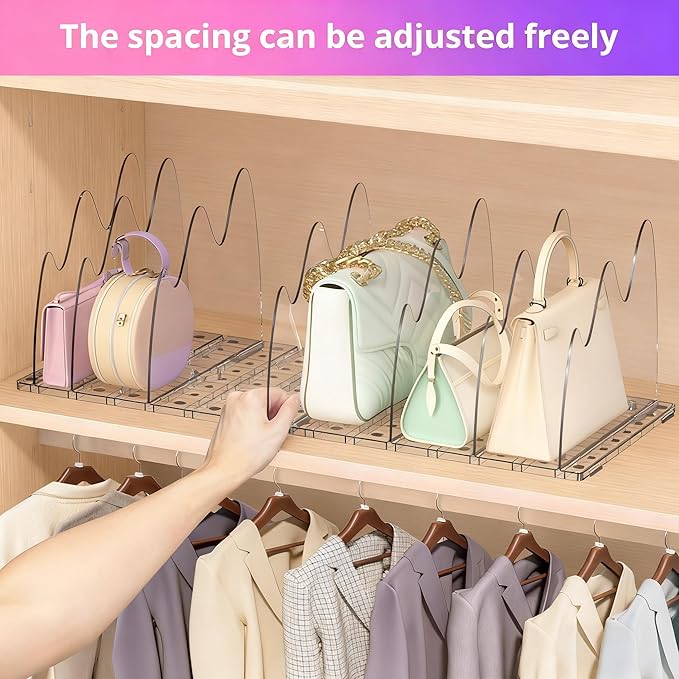 ANTOWIN 2 Pack Clear Purse Organizers for Closet, Adjustable Shelf Divider, Handbag Separators Storage Organizer, Shelf Divid