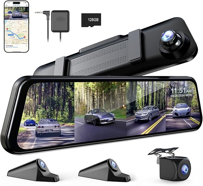 360 Degree View 4 Channel Mirror Dash Cam Detached Camera for Cars，Dash Cam Front and Rear Side(Left,Right),12'' Rear View Mi