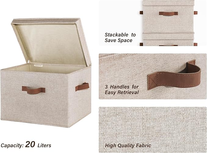 StorageWorks Fabric Storage Bins with Lid, Decorative Storage Boxes for Shelves, Stackable Closet Organizer Basket with Handl