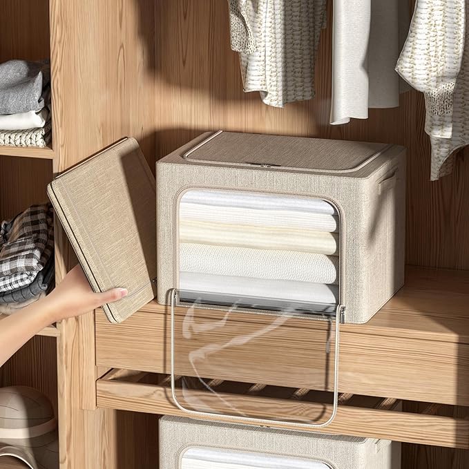 4 Pack Clothes Storage Bins with Metal Frame - Linen Fabric Foldable Stackable Container Organizer Set with Clear Window & Ca