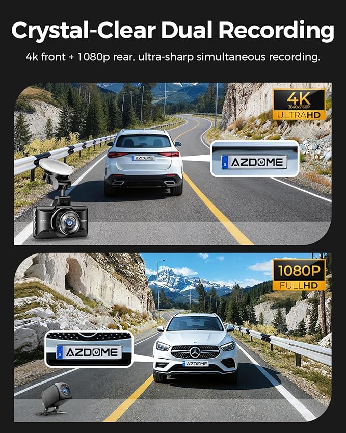 AZDOME M01 Max UHD 4K Dash Cam Front and Rear, Built-in Wi-Fi, Free 64GB Card, App Control, 4K+1080 Dash Camera for Car, Buil