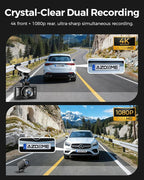 AZDOME M01 Max UHD 4K Dash Cam Front and Rear, Built-in Wi-Fi, Free 64GB Card, App Control, 4K+1080 Dash Camera for Car, Buil