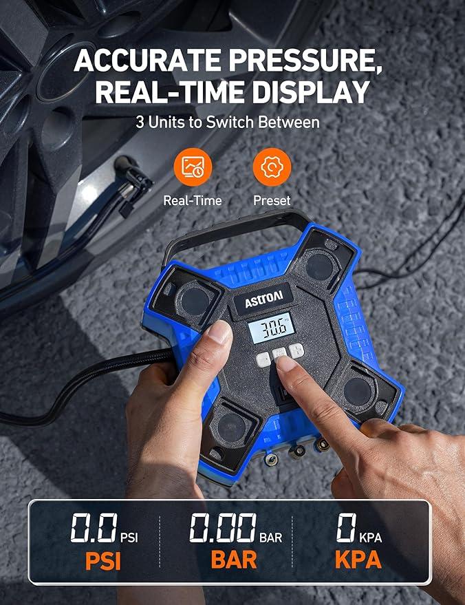 AstroAI Air Compressor Tire Inflator Portable Air Pump for Car Tires, 12V DC Integrated Metal Structure Tire Pump 160PSI with LED Light for Cars, Bicycles, Motorcycles, and Other Inflatables(Blue)