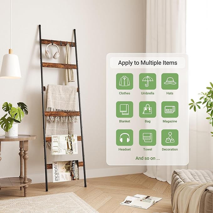 ELYKEN Blanket Ladder for Living Room, Farmhouse 6-Tier Quilt Holder with 4 Removable Hooks for Bathroom, Wood Towel Rack Dis